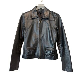 Frenchi Mens Black Leather Zip Up Moto Jacket Pleated Pockets Size Medium